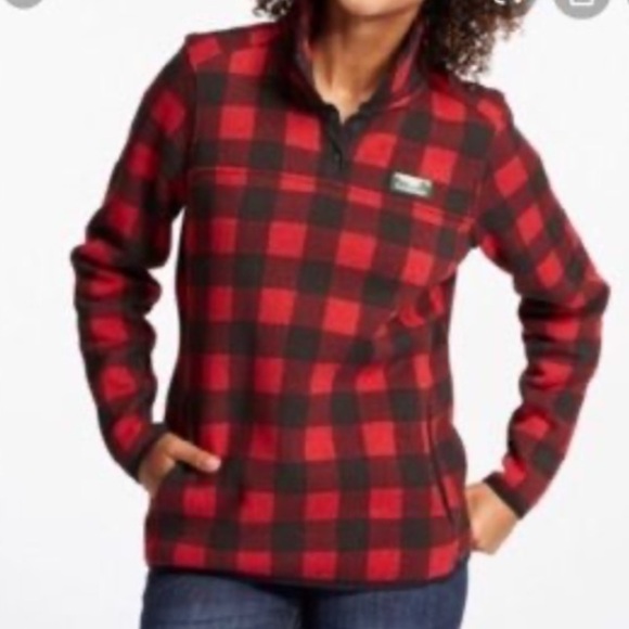 L.L. Bean Sweater Fleece Pullover 3/4 Snap Buffalo Plaid  Red & Black 3X plus - Picture 2 of 10